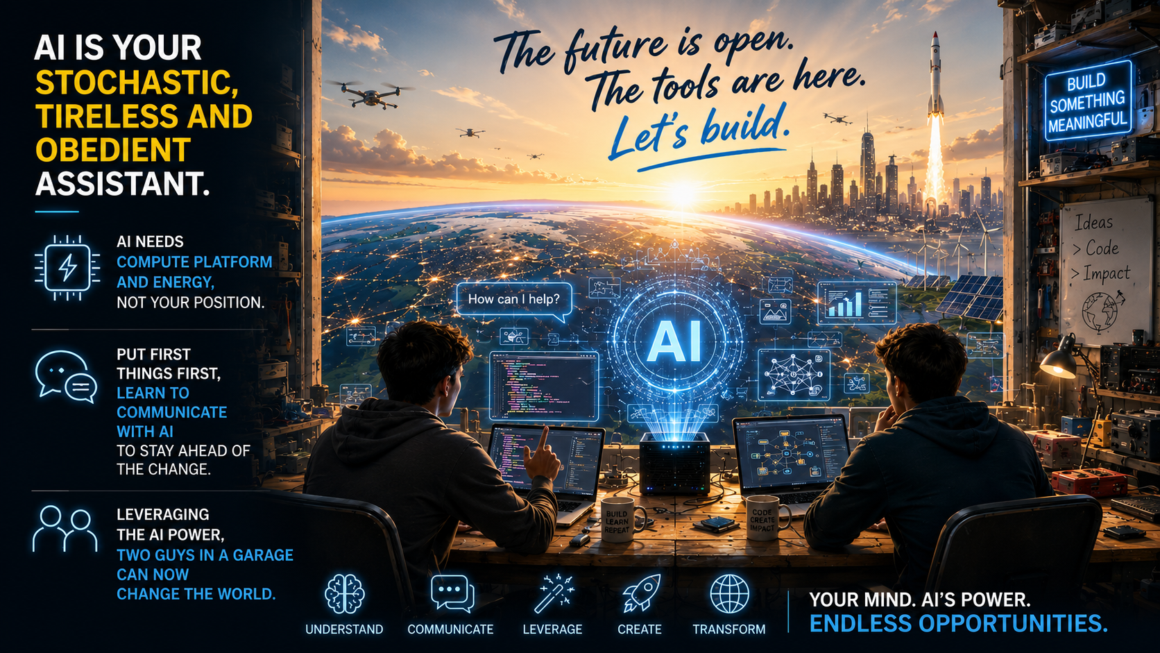 AI manifesto: builders at a workbench, holographic AI interface, Earth and rocket launch through the window, with pillars for compute, communication, and empowerment.